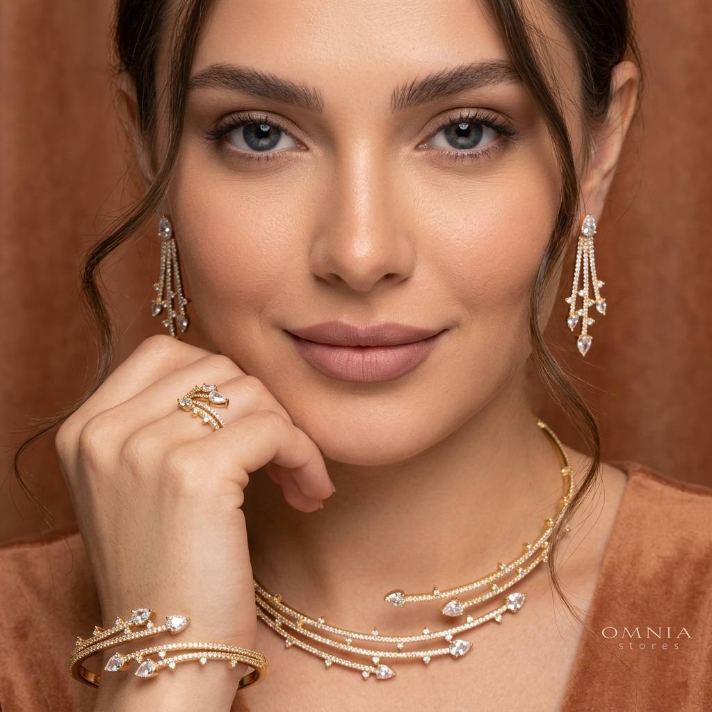 Yuliana Gold Bridal Full Set with High-Quality Premium Zircon Stones, Rhodium-Plated