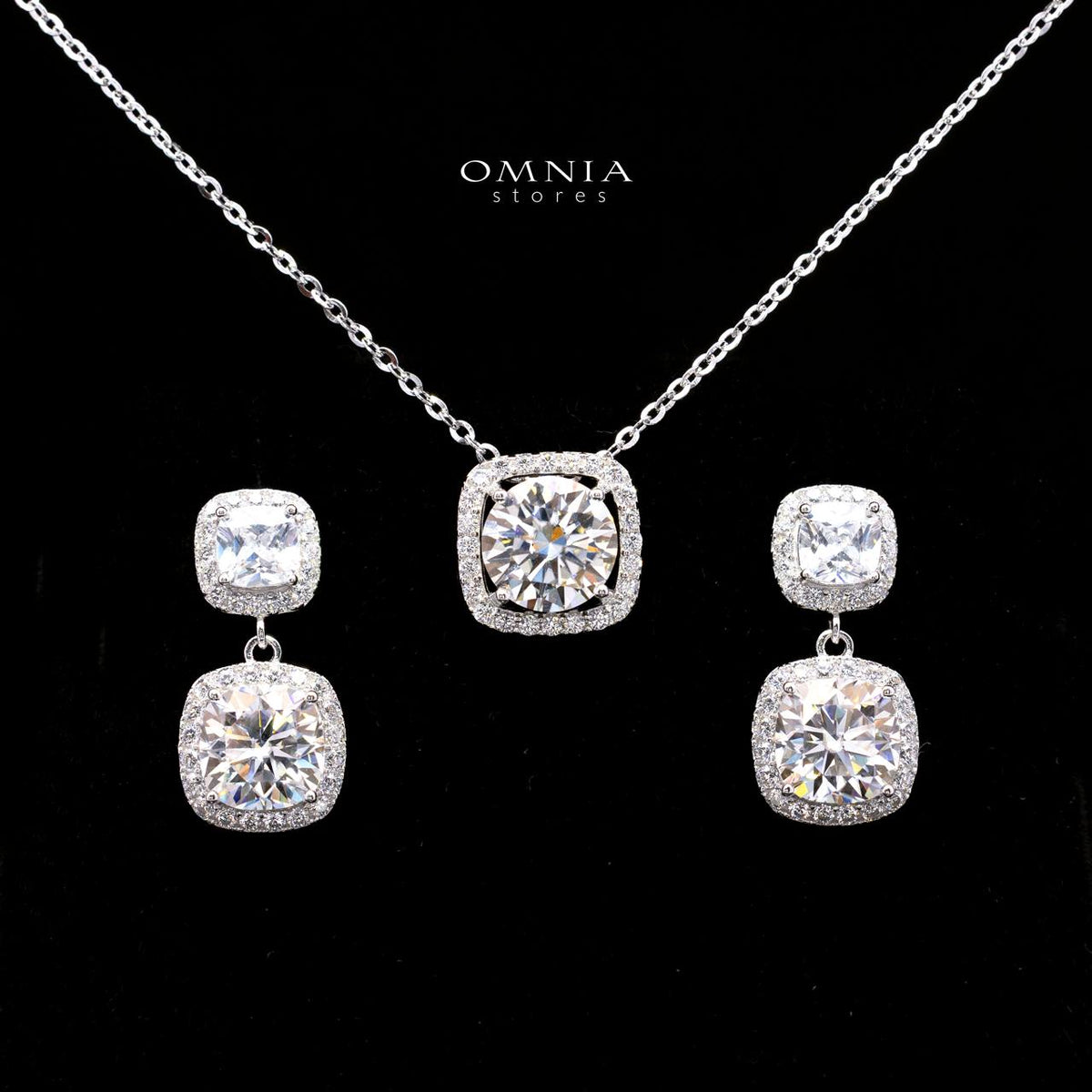 Imelda White Moissanite Double Cushion Halo Pendant Necklace and Drop Earrings Set in 925 Sterling Silver