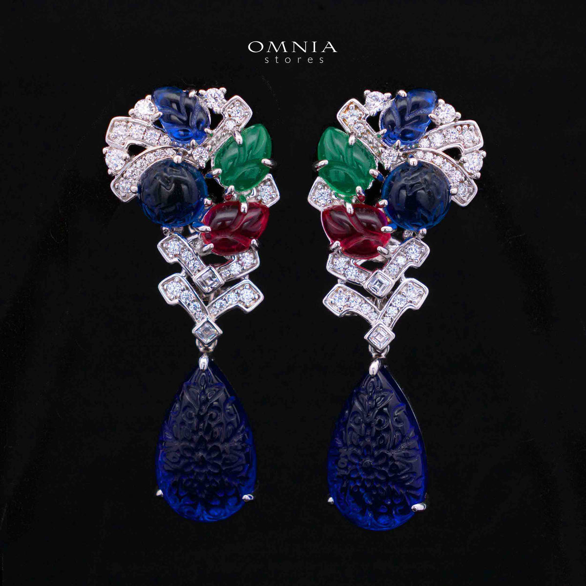 Allison Multicolor Floral Design Double Pearl Drop Earrings with High-Quality Simulated Diamonds in 925 Silver