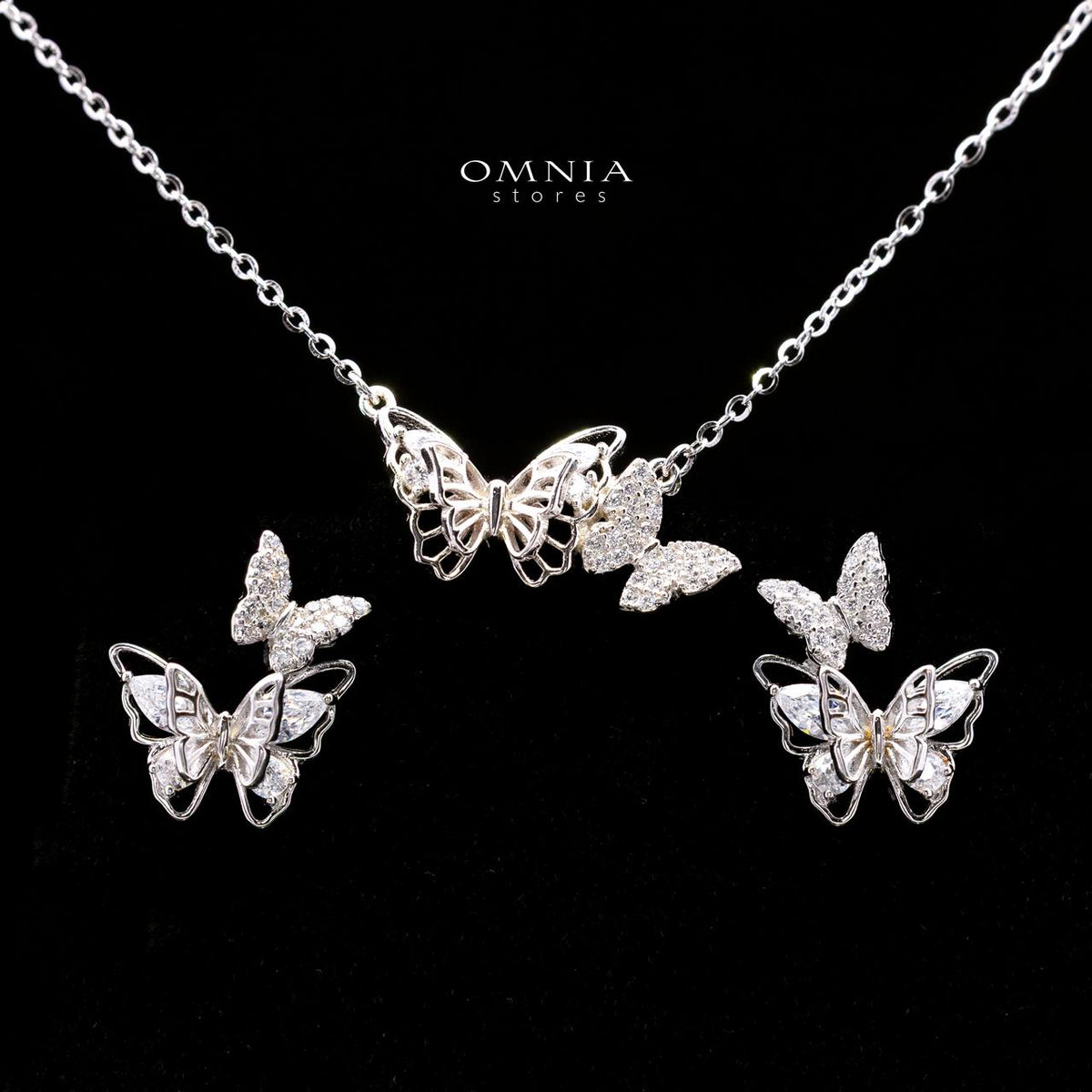Araceli Butterfly Necklace and Earrings Set in 925 Sterling Silver with Premium Simulated Diamonds