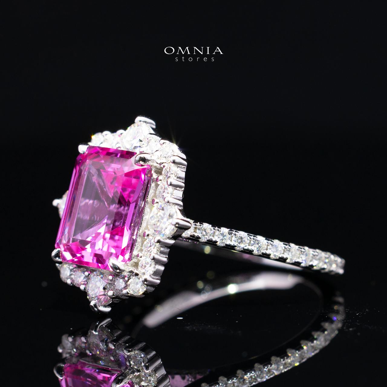 Nuwaira Lab-Grown Pink Sapphire Emerald-Cut Ring (8x11mm) with GRC Certificate in 925 Sterling Silver