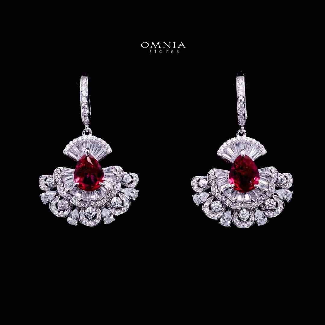 Omnia Aleyna Red Stone Silver Drop Earrings in 925 Silver with High Quality Simulated Diamonds - OMNIASTORES UAE