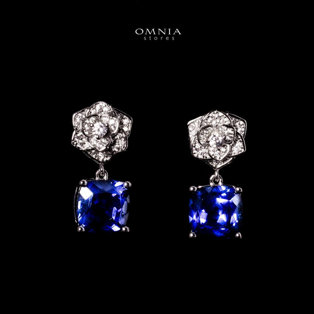 Khansa Lab Grown Blue Sapphite Stones With GRC Certified Rose Design Drop Earrings in 925 Silver - OMNIASTORES UAE