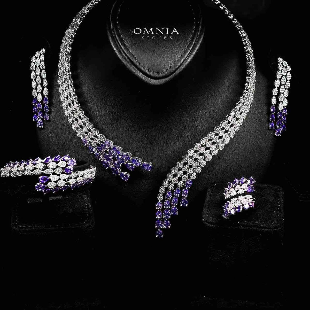 Omnia Amrah Luxury Bridal White and Purple Full Set in High Quality Zircon Stone Rhodium Plated - OMNIASTORES UAE