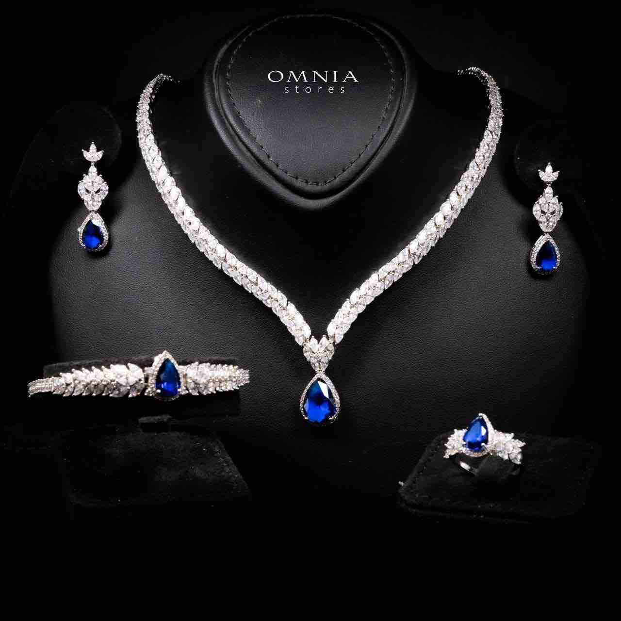 Omnia Aamira Teardrop-Design Bridal Navy Blue Full Set with High-Quality Zircon Stones in Rhodium-Plated Finish - OMNIASTORES UAE
