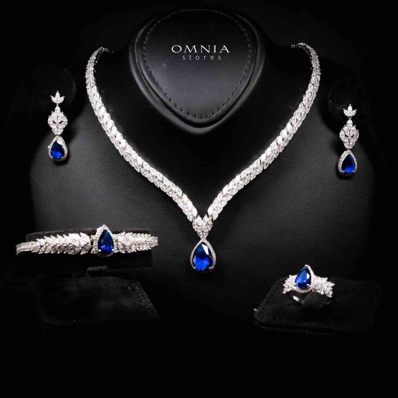 Omnia Aamira Teardrop-Design Bridal Navy Blue Full Set with High-Quality Zircon Stones in Rhodium-Plated Finish - OMNIASTORES UAE