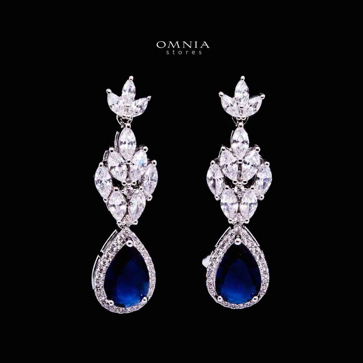 Omnia Aamira Teardrop-Design Bridal Navy Blue Full Set with High-Quality Zircon Stones in Rhodium-Plated Finish - OMNIASTORES UAE