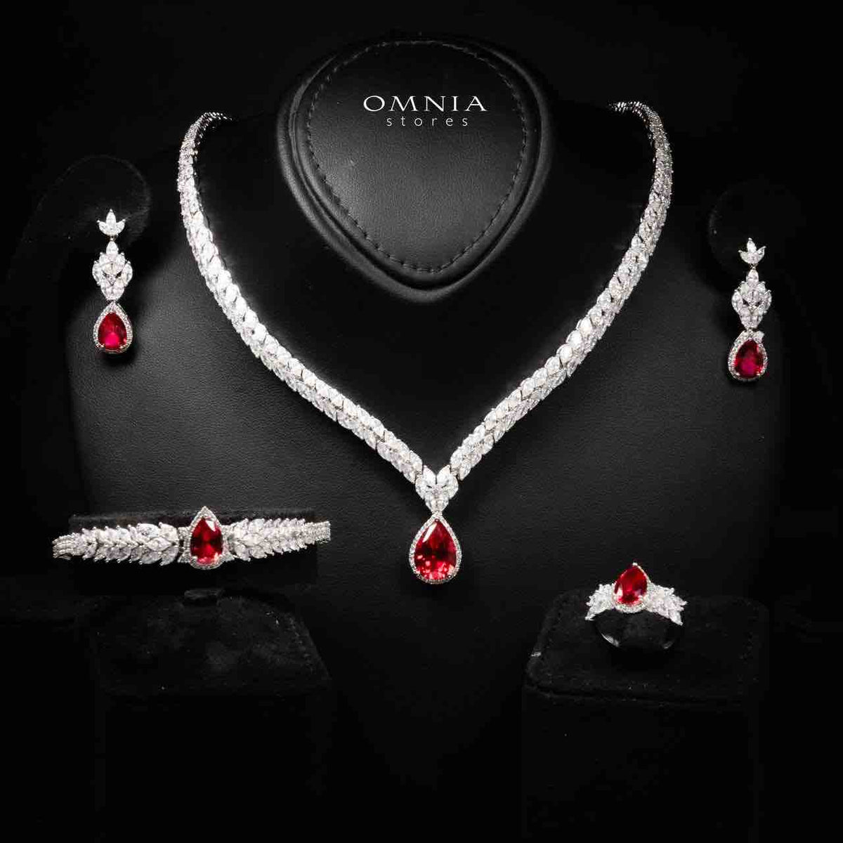 Omnia Aamira Teardrop-Design Bridal Red Full Set with High-Quality Zircon Stones in Rhodium-Plated Finish (Size 18cm Ring Size 7 Only available in KSA) - OMNIASTORES UAE