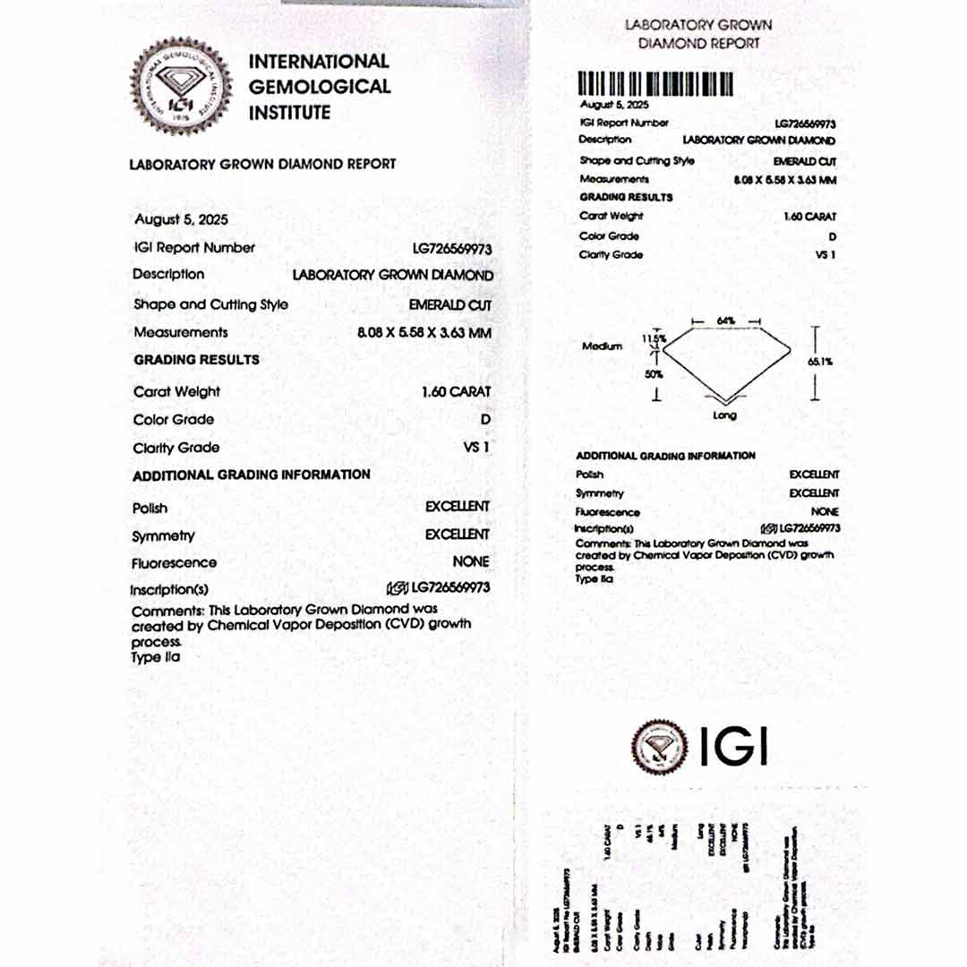 Aysha Lab Grown IGI Certifited Emerald Cut D VS1 White Ring High Quality 925 Silver 1.60ct - OMNIASTORES UAE