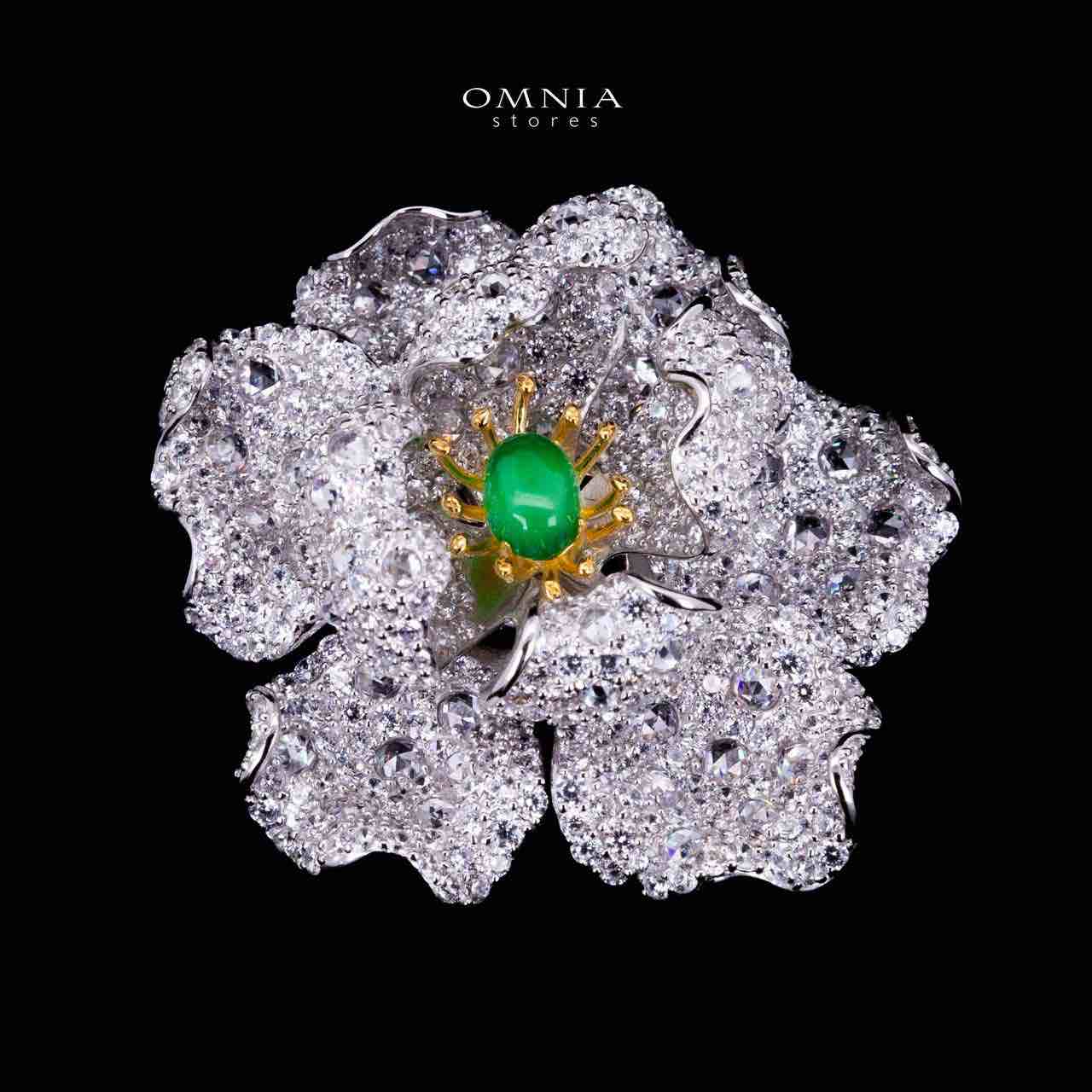 Omnia Riyana Green and Gold Flower Brooch  in 925 Silver High Quality Simulated Diamond Stones - OMNIASTORES UAE