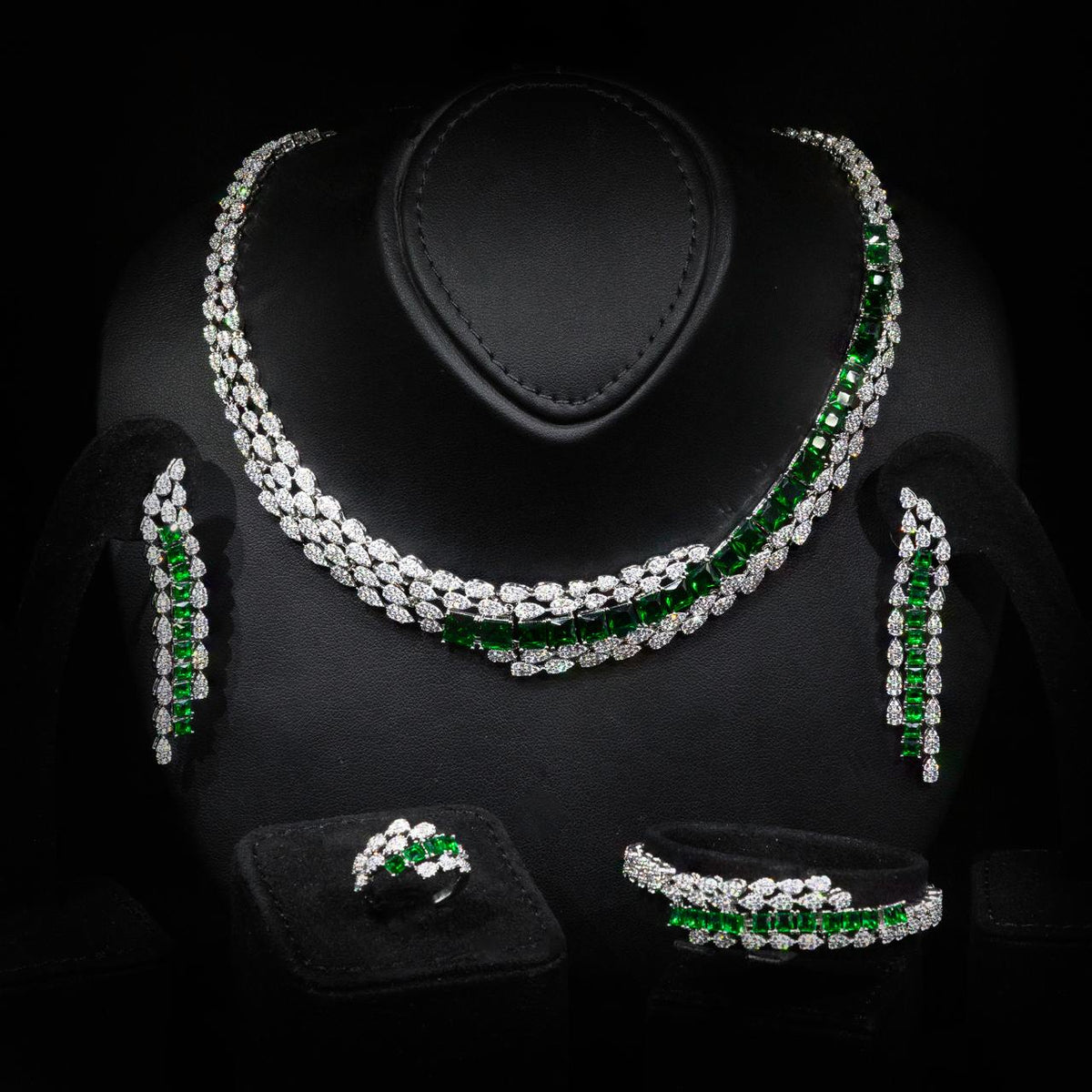 Omnia Trinity Green Luxury Bridal Full Set in High Quality Zircon Stone in Rhodium Plated - OMNIASTORES UAE