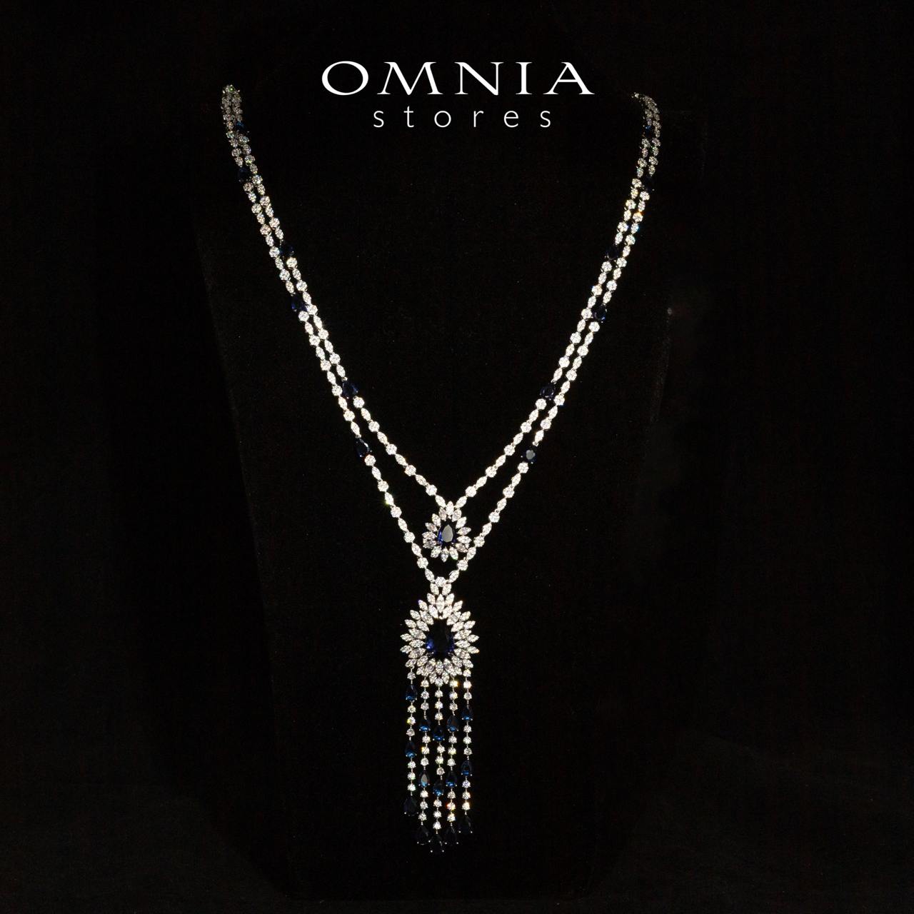 Omnia Alena Luxury Blue Bridal Long Chain Full Set in High Quality Zircon Stone Rhodium Plated - OMNIASTORES UAE
