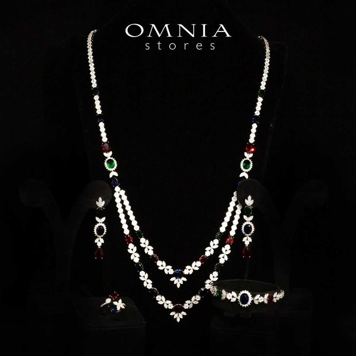Omnia Jade Red, Green and Blue Bridal Long Chain Set Accessories in High Quality Zircon Stone Rhodium Plated - OMNIASTORES UAE
