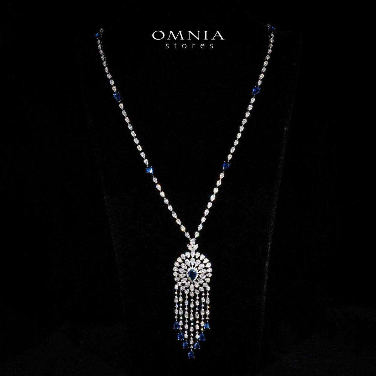 Omnia Lisa Blue Luxury Bridal Long Chain Full Set in High Quality Zircon Stone Rhodium Plated - OMNIASTORES UAE