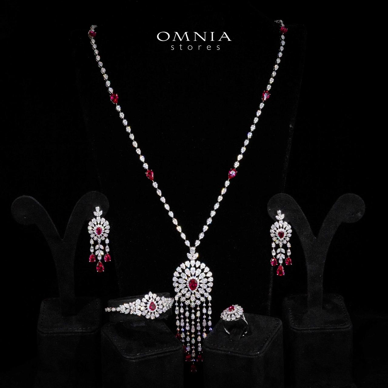 Omnia Lisa Red Luxury Bridal Long Chain Full Set in High Quality Zircon Stone Rhodium Plated - OMNIASTORES UAE