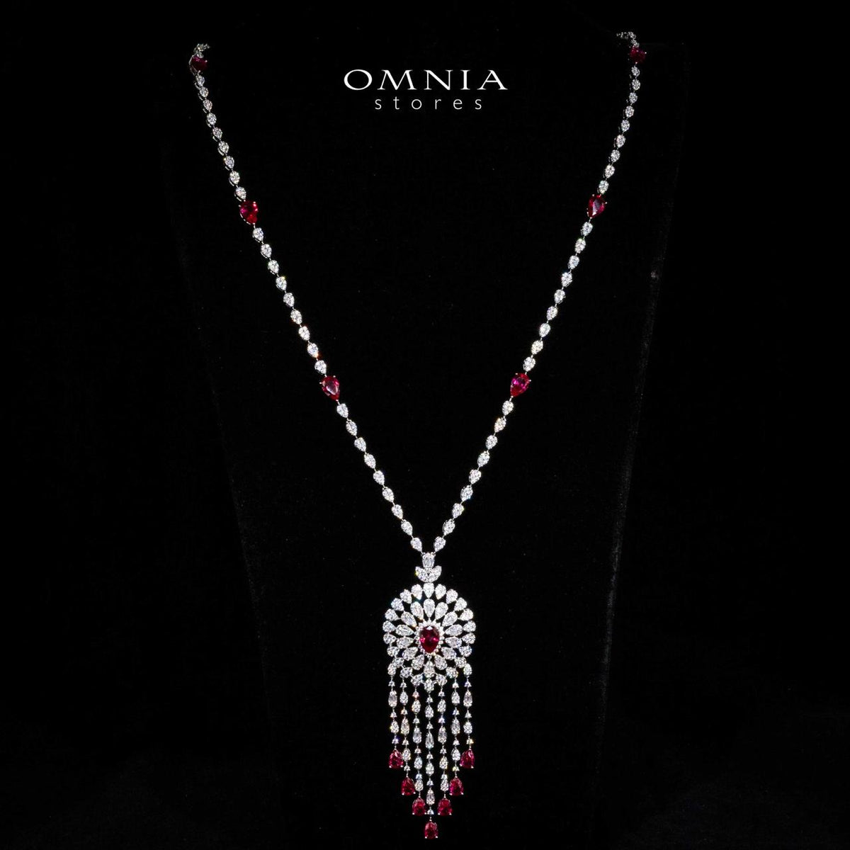 Omnia Lisa Red Luxury Bridal Long Chain Full Set in High Quality Zircon Stone Rhodium Plated - OMNIASTORES UAE