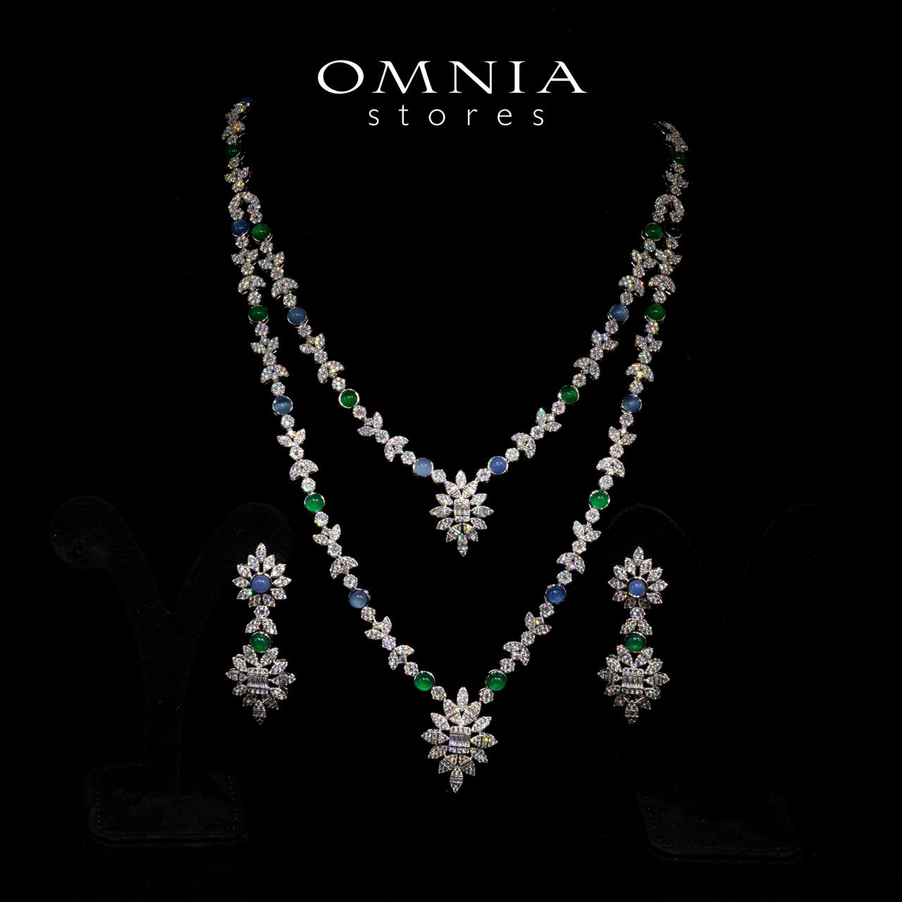 Omnia Keily Green and Blue Luxury Bridal Long Chain Full Set in High Quality Zircon Stone Rhodium Plated - OMNIASTORES UAE