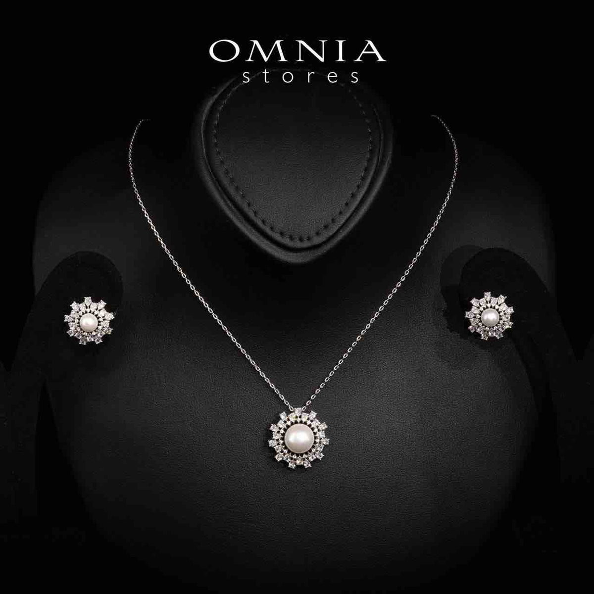Omnia Darla White Pearl Necklace and Earrings Set in High Quality Rhodium Plated Zircon Stones - OMNIASTORES UAE