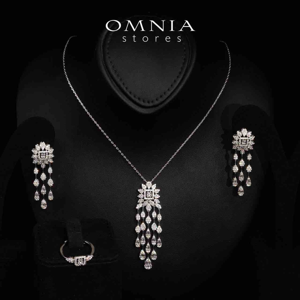 Omnia Emilee White Necklace,Earrings and Ring Set in High Quality Rhodium Plated Zircon Stones - OMNIASTORES UAE
