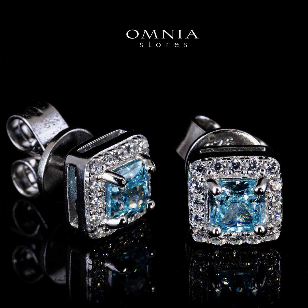 Omnia Firza Sky Blue Square Earrings With High Quality Simulated Diamonds In 925 Silver - OMNIASTORES UAE