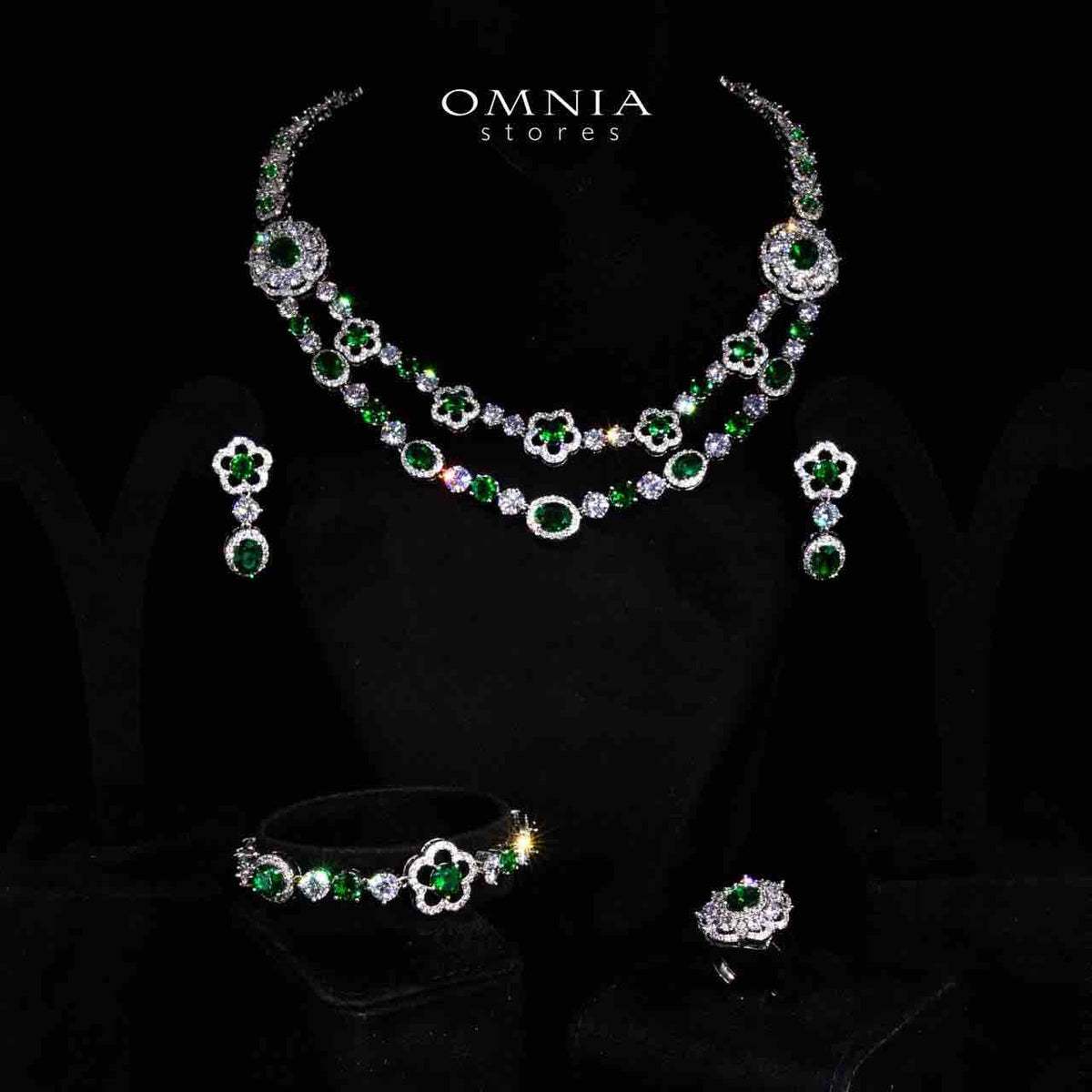 Omnia Esra Green Luxury Bridal Full Set in High Quality Zircon Stone Rhodium Plated - OMNIASTORES UAE