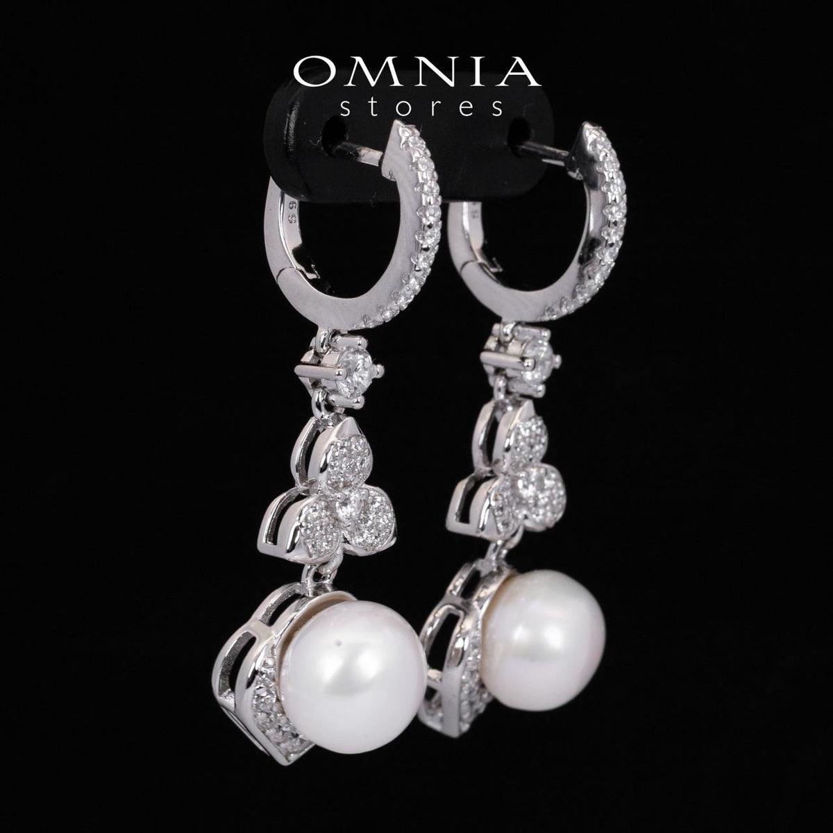 Omnia Ameena White Fresh Real Pearl Drop Earrings With High Quality Simulated Diamonds in 925 Silver - OMNIASTORES UAE