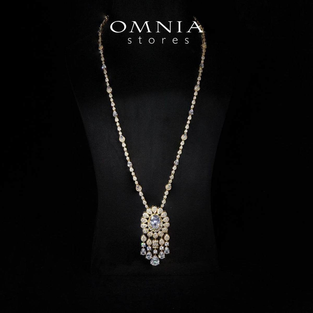 Aleya Golden Luxury Bridal Full Long chain Set in High Quality Simulated Diamonds Rhodium Plated - OMNIASTORES UAE