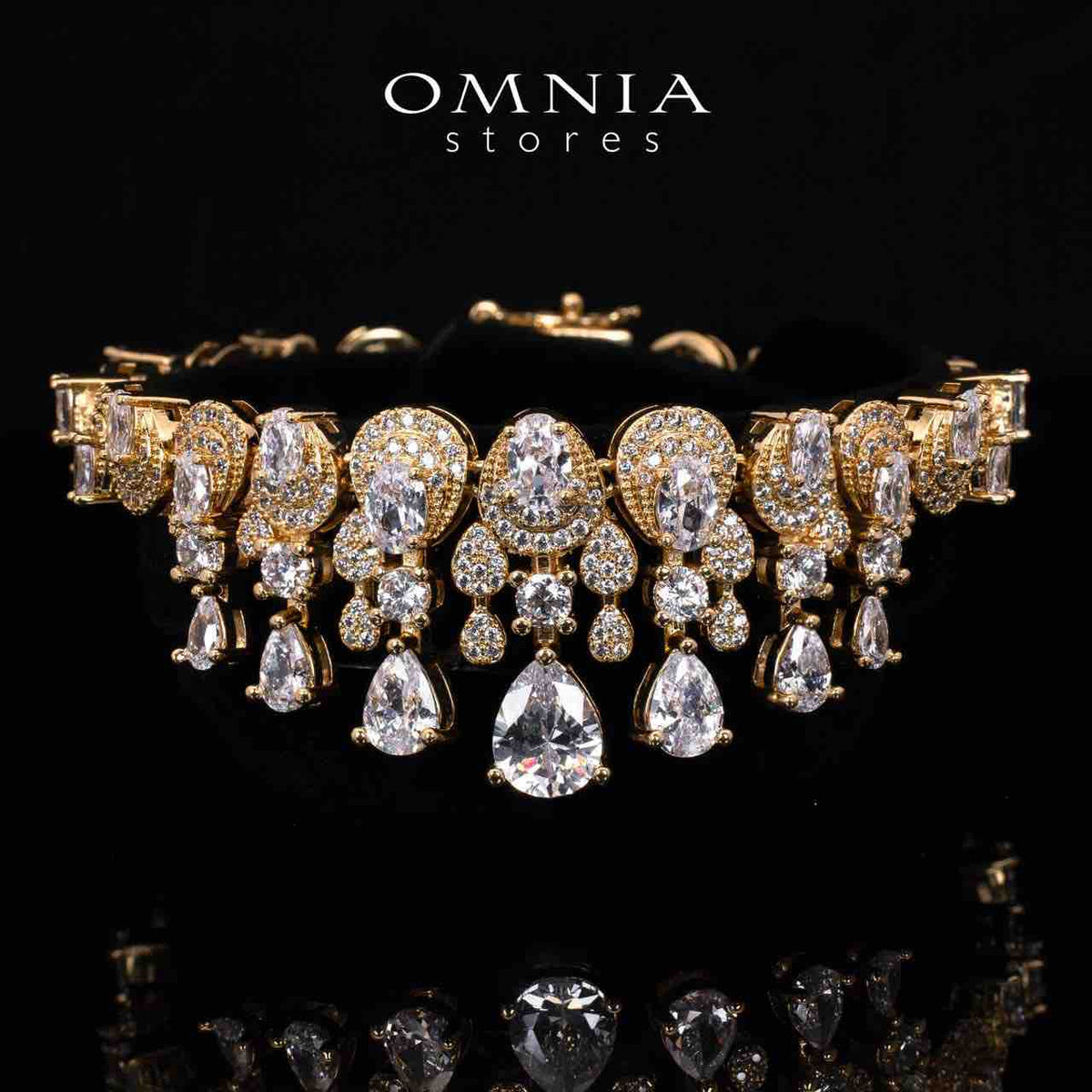Aleya Golden Luxury Bridal Full Long chain Set in High Quality Simulated Diamonds Rhodium Plated - OMNIASTORES UAE