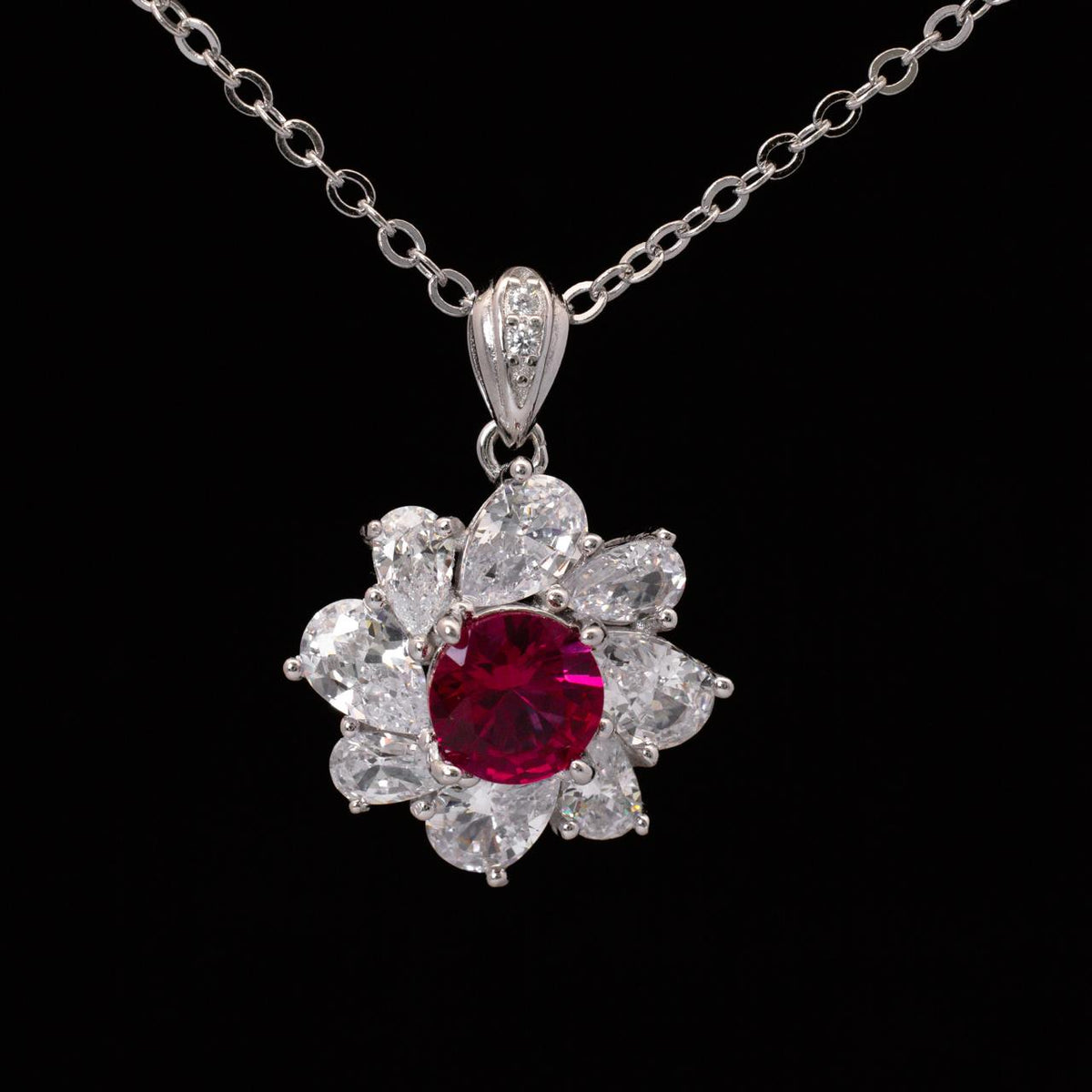 Gwen Floral Red and White Pendant Necklace With High Quality Simulated Diamonds in 925 Silver - OMNIASTORES UAE