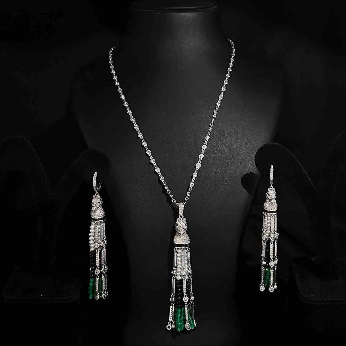 Omnia Vania Multi Color Horse Design Long Chain Necklace & Drop Earrings Set in 925 Silver With High Quality Simulated Diamonds