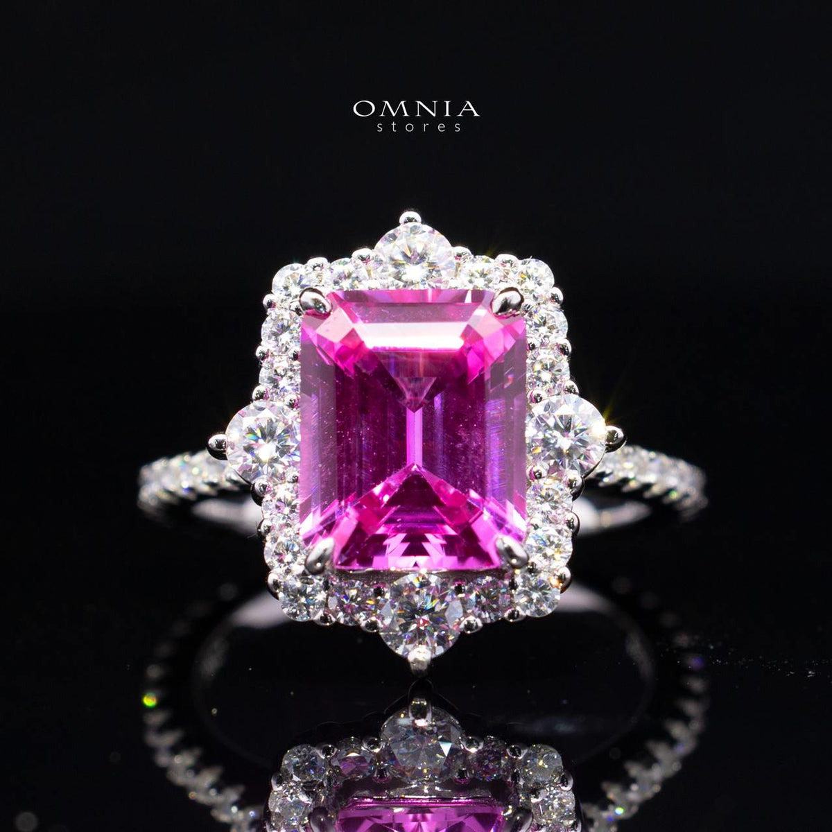 Nuwaira Lab-Grown Pink Sapphire Emerald-Cut Ring (8x11mm) with GRC Certificate in 925 Sterling Silver