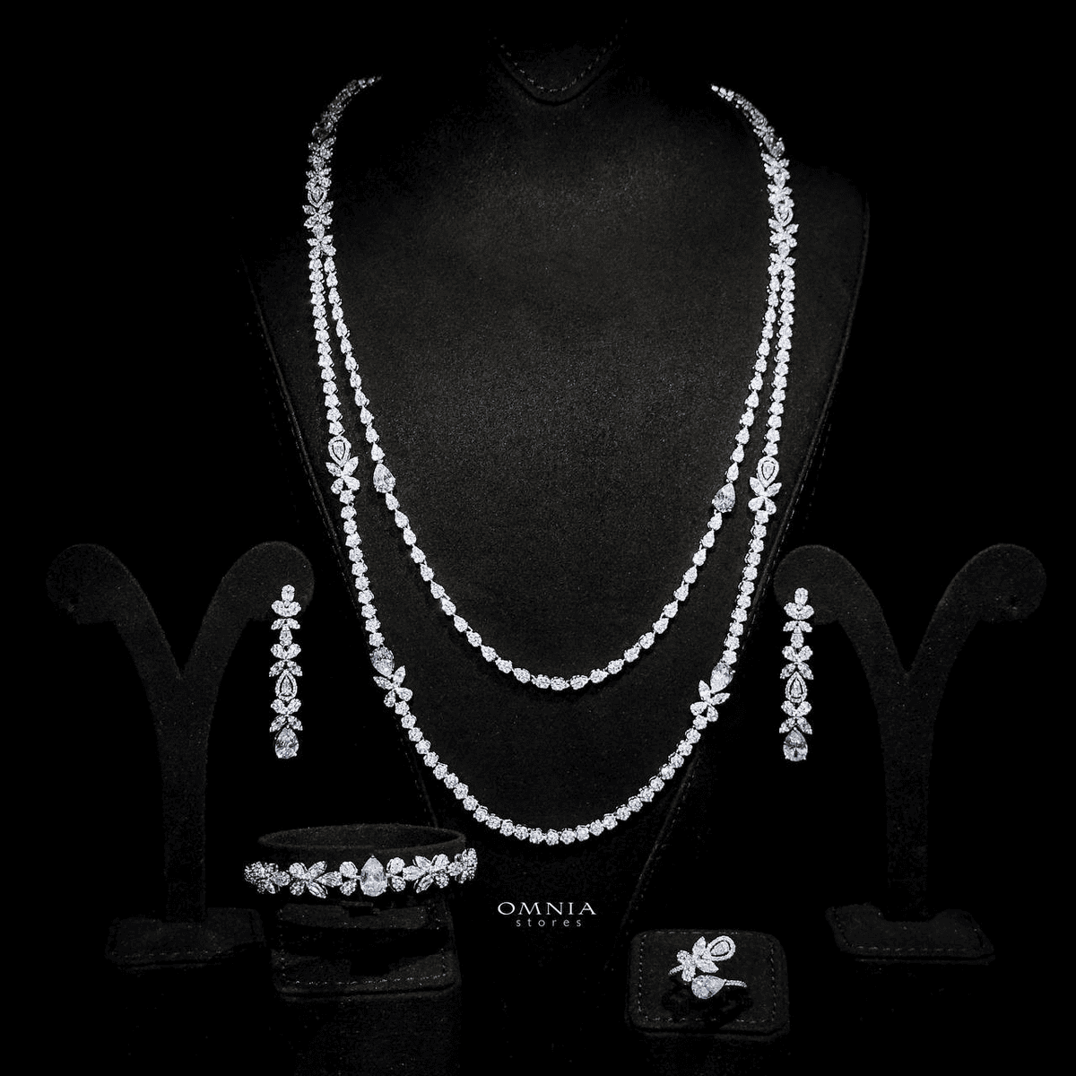 Omnia Yaza Bridal White Long chain Set High Quality Zircon Stone In Rhodium Plated