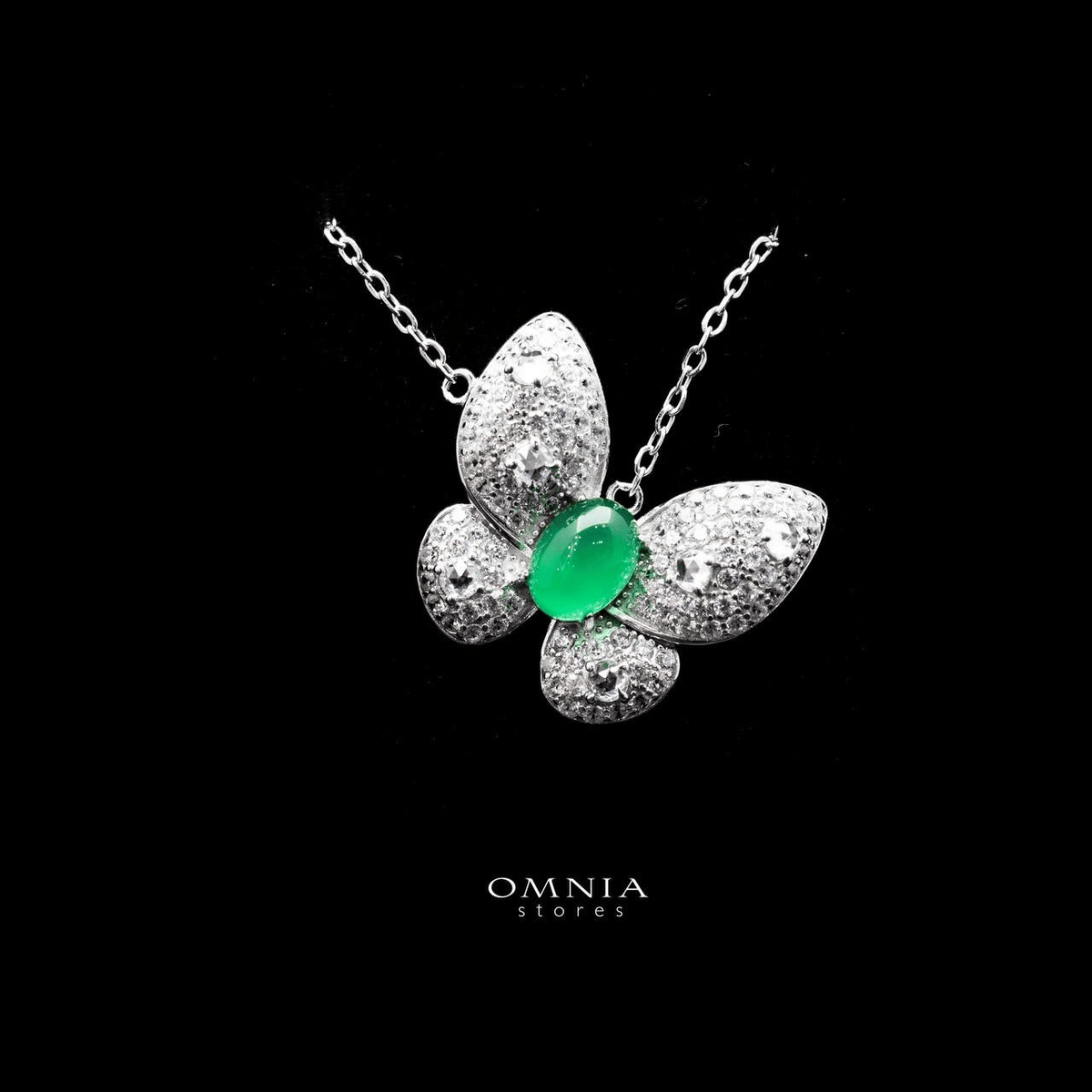 Omnia Layan Butterfly Pendant Necklace with Emerald Stone in 92.5 Silver High Quality Simulated Diamonds - OMNIASTORES UAE