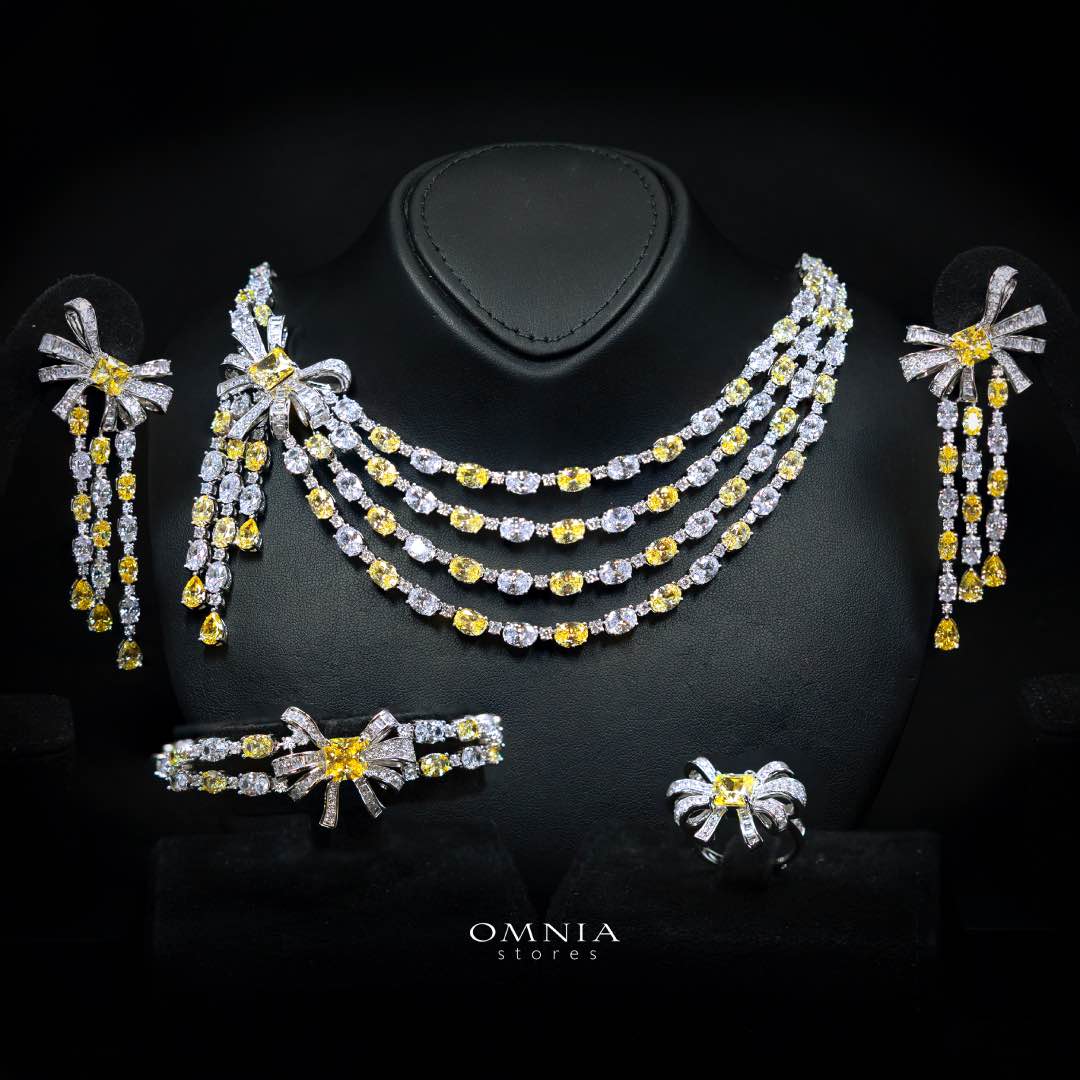 Omnia Mawada Yellow Bridal Full Set with Elegant Bow-Accent Design and High-Quality Zircon Stones in Rhodium Plated Finish