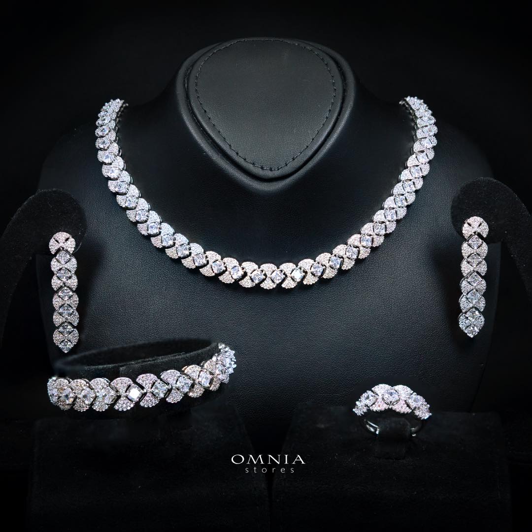 Omnia Layan White Bridal Full Set in High-Quality Zircon Stone Rhodium Plated