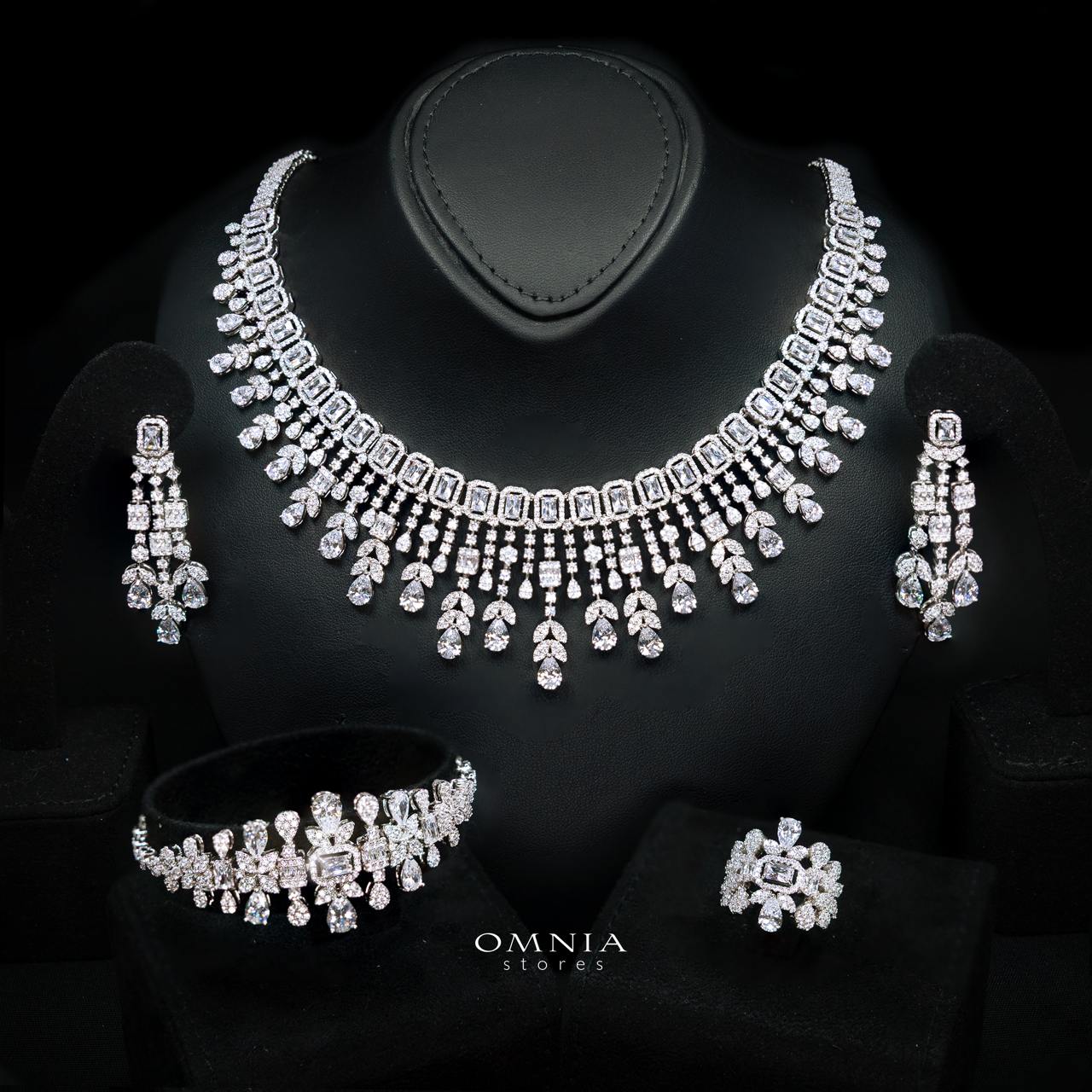 Arabella White Bridal Full Set Accessories in High Quality Premium Zircon Stone in Rhodium Plated
