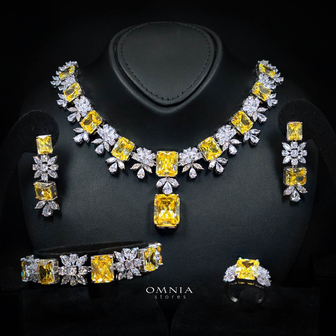 Omnia Charlene Yellow Bridal Full Set in High Quality Simulated Diamonds with Emerald and Marquise Cut Stones, Rhodium Plated