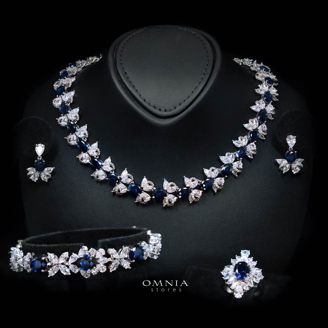Omnia Muna Blue Bridal Full Set in High Quality Simulated Diamonds