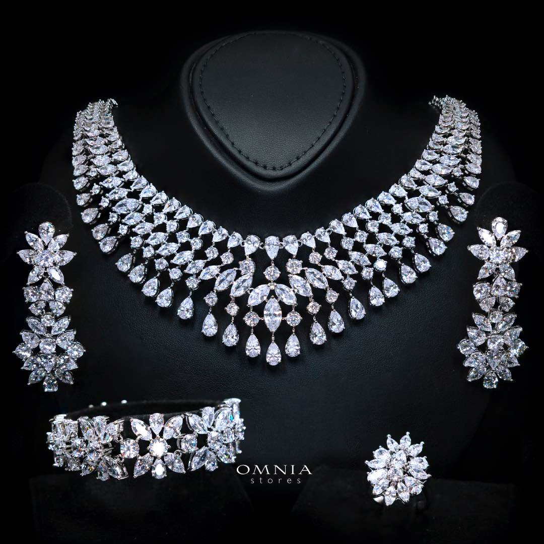 Omnia Sherine White Luxury Bridal Full Set with Emerald and Pear-Cut High-Quality Simulated Diamonds Rhodium Plated