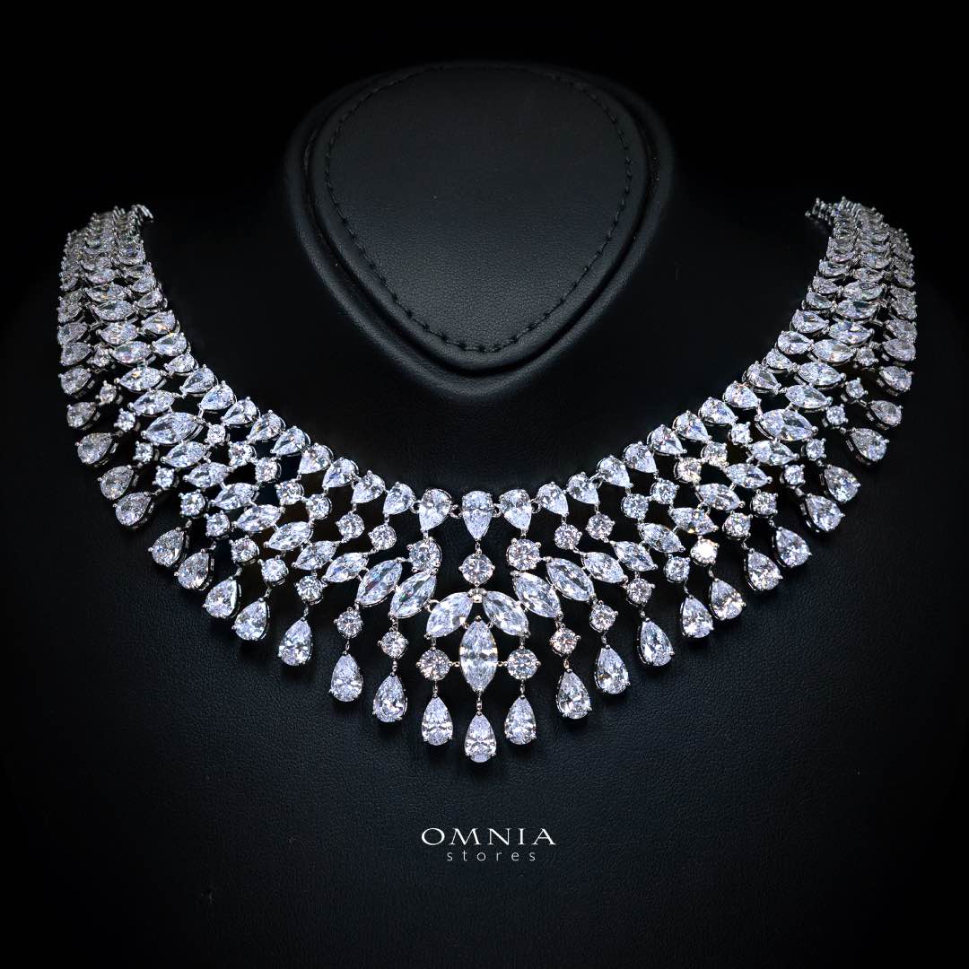 Omnia Sherine White Luxury Bridal Full Set with Emerald and Pear-Cut High-Quality Simulated Diamonds Rhodium Plated