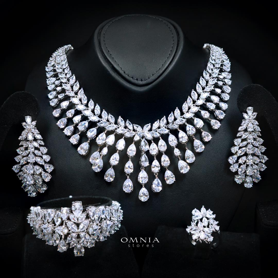Omnia Sufia Luxury Bridal Full Set – Simulated Diamonds (Pear & Marquise Cut) Rhodium Plated