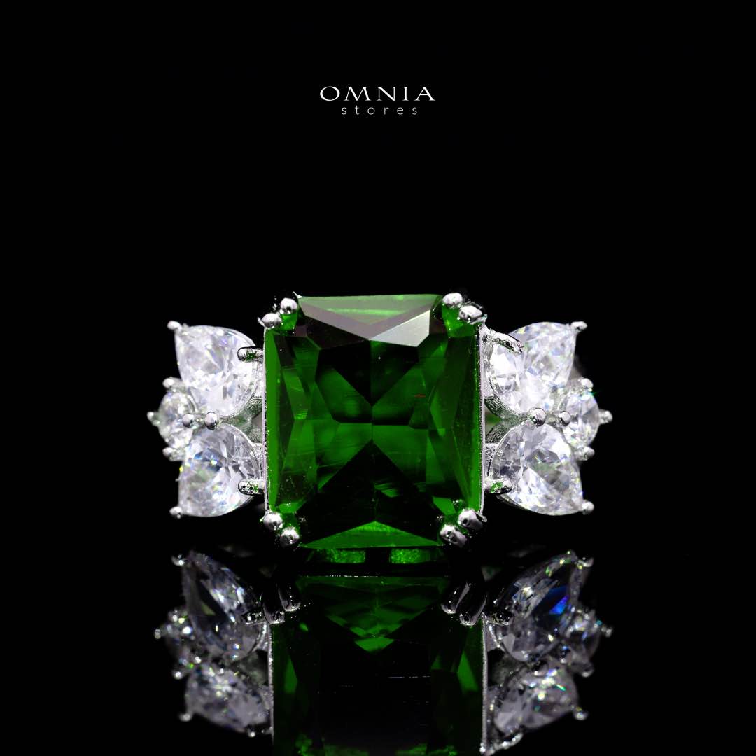 Omnia Amelia Green Bridal Full Set with Emerald and Pear-Cut High-Quality Simulated Diamonds in High-Quality Rhodium Plating