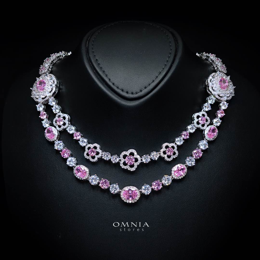 Omnia Esra Pink Luxury Bridal Full Set in High Quality Simulated Diamond Rhodium Plated