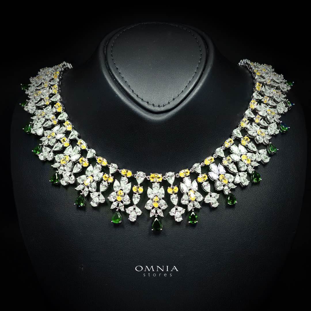 Omnia Dema Emerald Green and Yellow Bridal Full Set in High Quality Zircon Stone Rhodium Plated