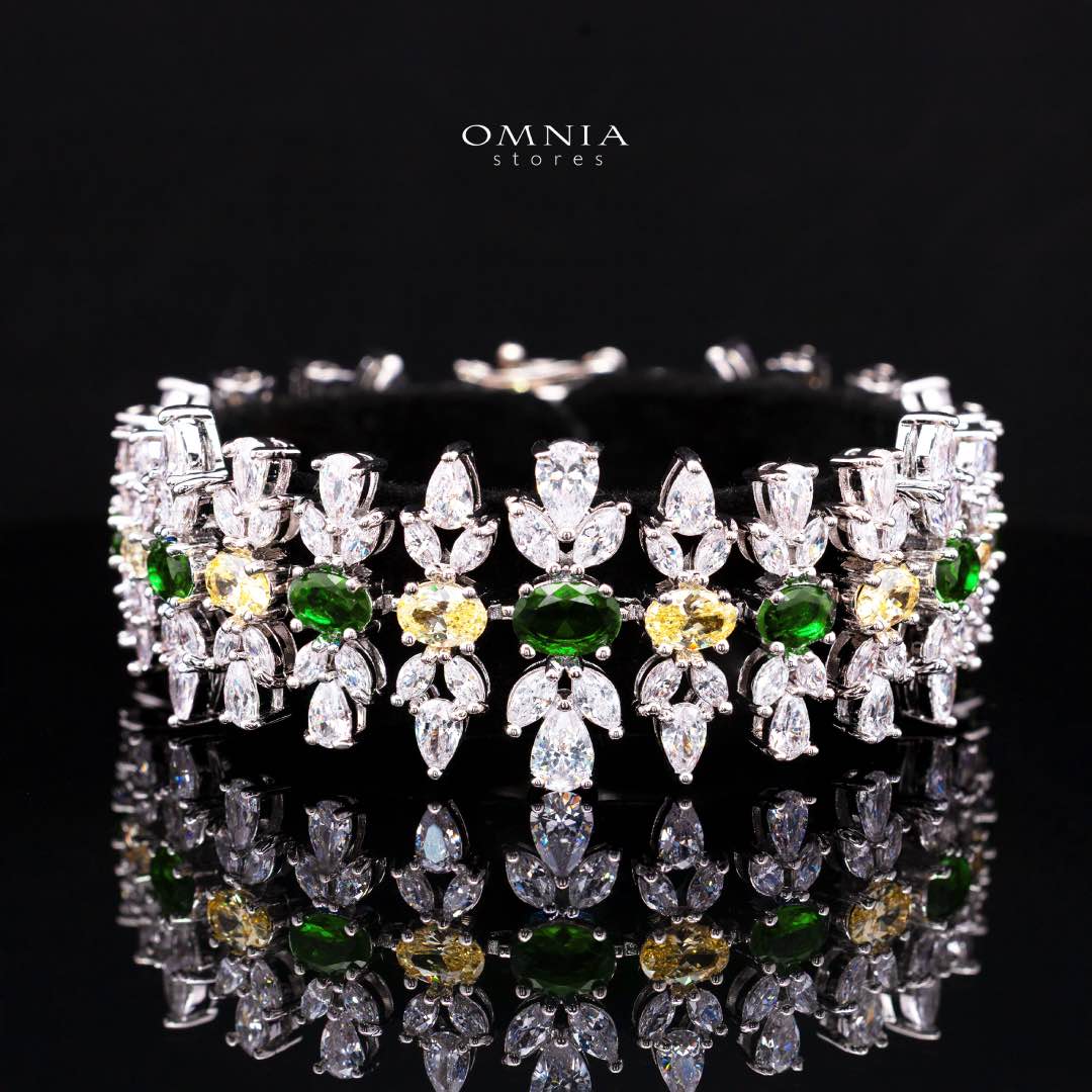 Omnia Dema Emerald Green and Yellow Bridal Full Set in High Quality Zircon Stone Rhodium Plated