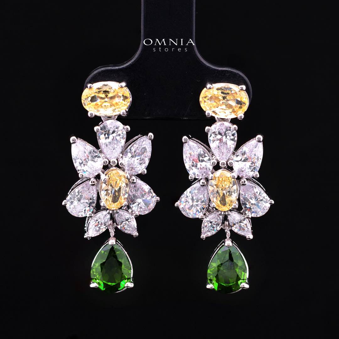 Omnia Dema Emerald Green and Yellow Bridal Full Set in High Quality Zircon Stone Rhodium Plated