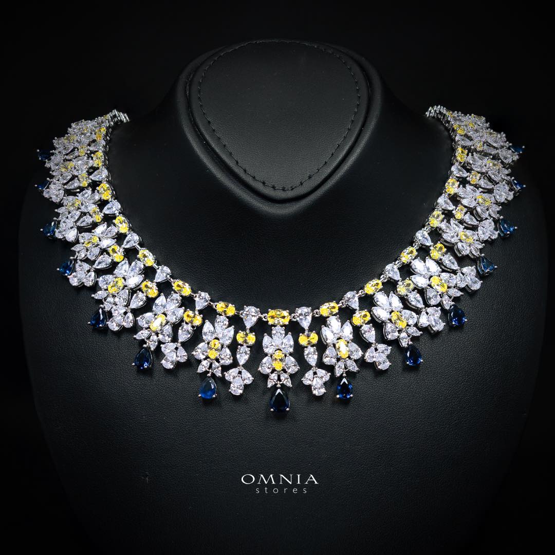 Omnia Dema Blue and Yellow Bridal Full Set in High Quality Zircon Stone Rhodium Plated