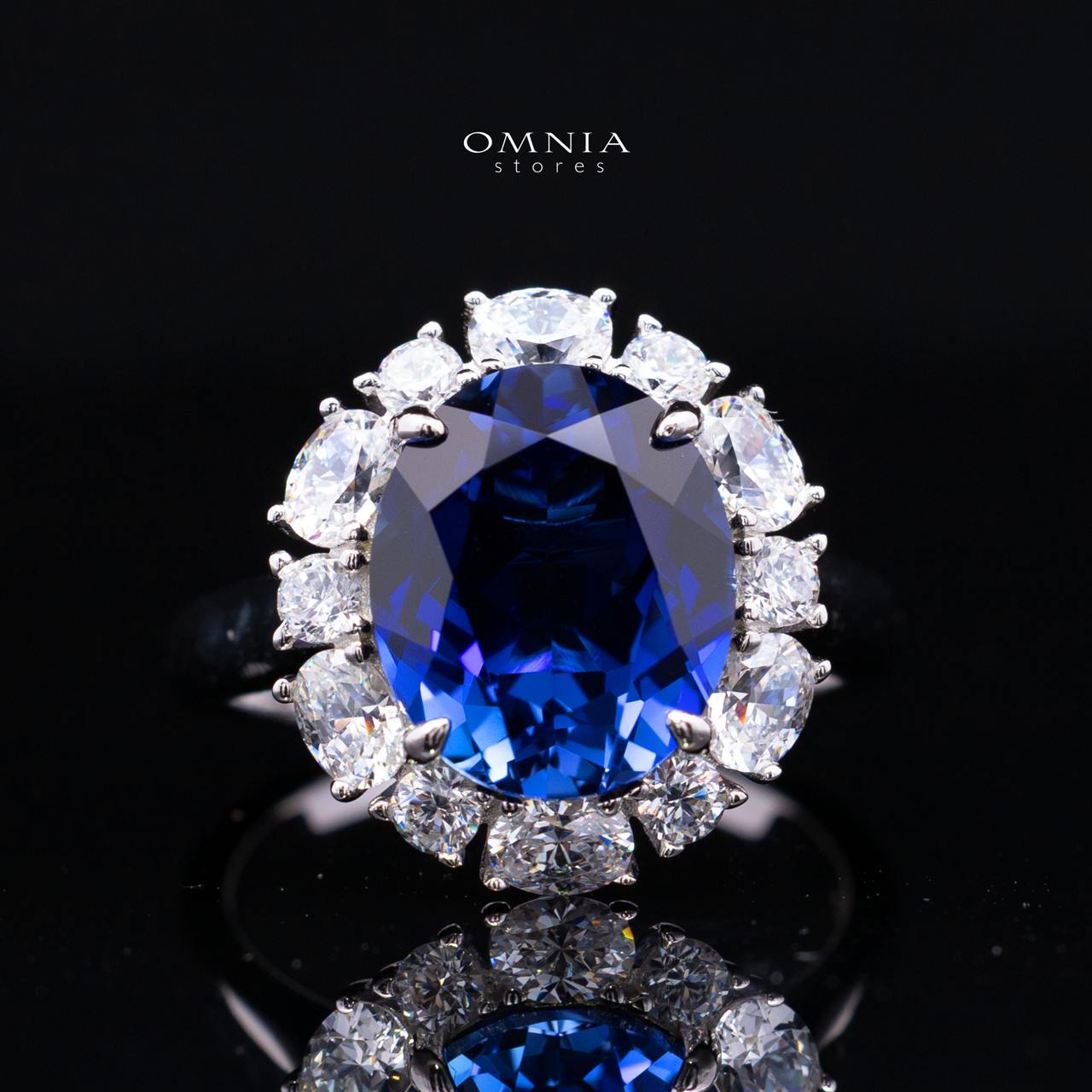 Khloe Blue Lab-Grown Sapphire Ring with GRC Certificate, Oval 10×12mm, in 925 Sterling Silver – Classic Halo Cluster