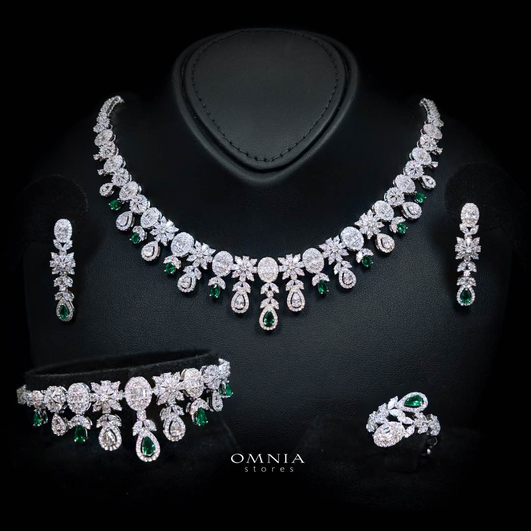 Omnia Trisha Green Bridal Full Set Accessories in High Quality Zircon Stone Rhodium Plated