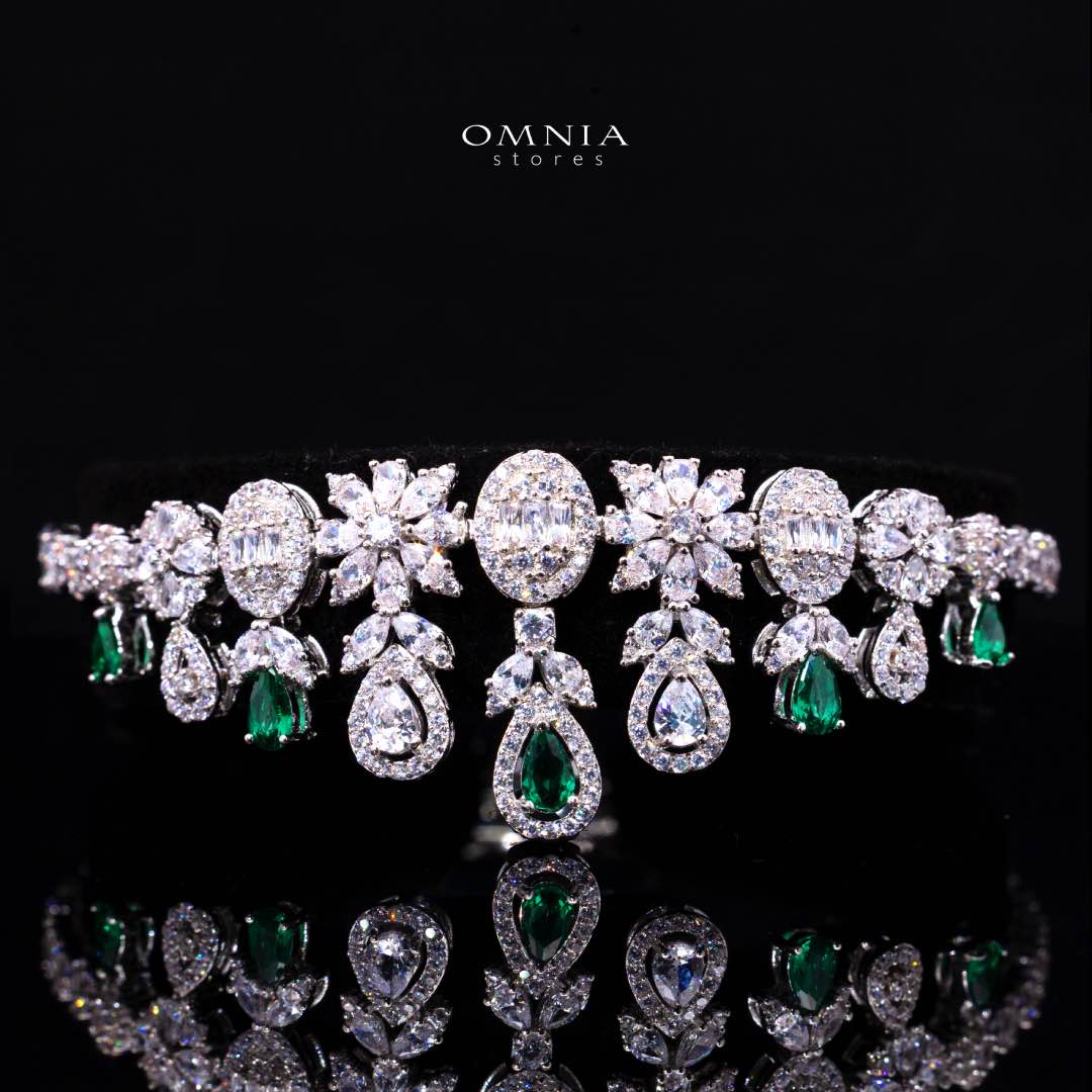 Omnia Trisha Green Bridal Full Set Accessories in High Quality Zircon Stone Rhodium Plated